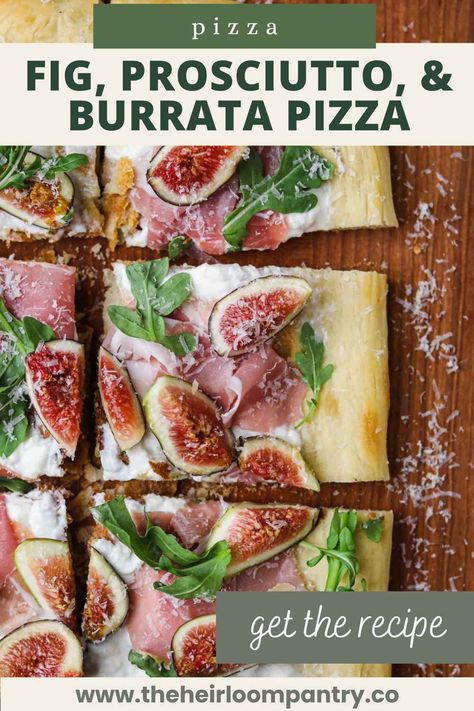 Ready to elevate your next pizza night? Our Fig, Burrata, and Prosciutto Pizza is a unique harmony of sweet, salty, crispy, and creamy. Trust us, this will be one of your new favorite pizzas! This recipe is all about combining 2 of our favorite things: pizza and figs. While the pairing sounds unconventional, it is absolutely delicious. The sweet figs balance the savory pizza with burrata and arugula perfectly. Prosciutto Fig Arugula Pizza, Fig Flatbread, Burrata Mozzarella, Peach Pizza, Fig Pizza, Burrata Pizza, Puff Pastry Pizza, Prosciutto Pizza, Unique Pizza