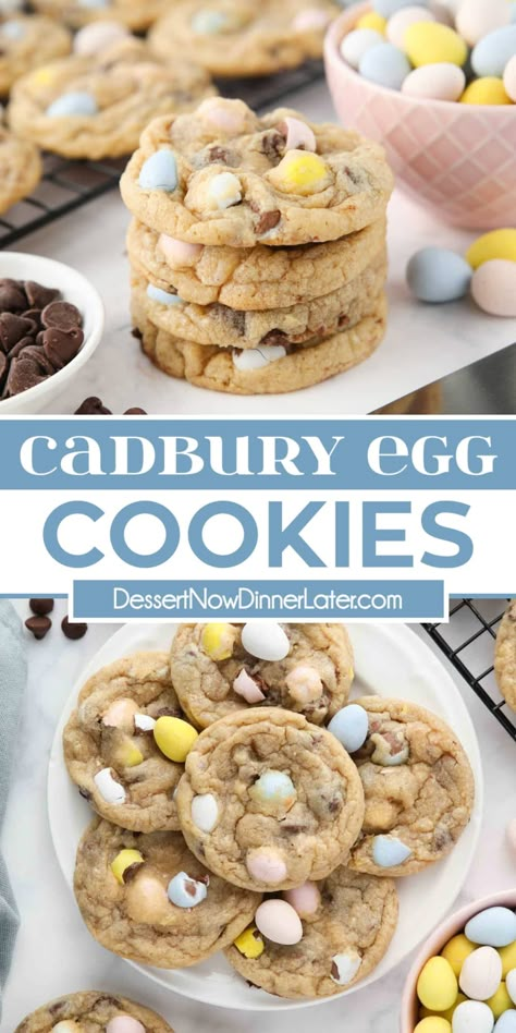 These Cadbury Egg Cookies are as simple as making chocolate chip cookies with your favorite Cadbury mini eggs crushed and folded into the batter. A super easy Easter cookies recipe! Cookies With Cadbury Mini Eggs, Mini Cadbury Egg Cookies, Mini Cadbury Egg Desserts, Cadbury Mini Egg Desserts, Cadberry Eggs Cookies, Mini Egg Cookies Recipe, Cadbury Egg Cookies, Mini Egg Recipes, Cadbury Cookies