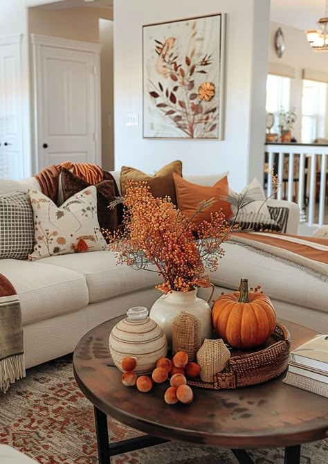 Cozy Fall Decor Ideas: Get ready to snuggle up with these 20 autumn-inspired decorating tips, from rustic porch decorations to warm centerpiece ideas. Create a welcoming atmosphere in your home this season! Check it out and start decorating! Autumn Family Room Decor, Fall Floral Decor Living Room, Autumn Decorations Living Room, Fall Decor Elegant, Fall Round Coffee Table Decor, Home Fall Decor Ideas Living Rooms, Living Room Autumn Decor, Fall Decor Ideas For The Home, Coffee Table Fall Decor Ideas