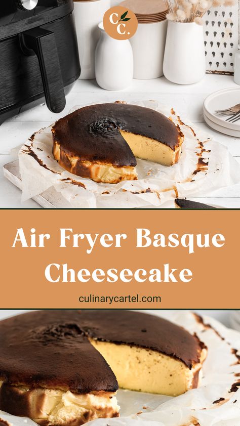 Air Fryer Basque Cheesecake, Air Fryer Cheesecake Recipe, Airfryer Cheesecake, Air Fryer Cheesecake, Air Fryer Cake Recipes, Basque Cheesecake, Tasty Pastry, Air Fryer Food, Cheesecake Cake