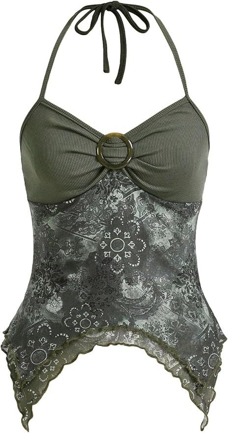 OYOANGLE Women's Floral Print Contrast Lace Tie Backless Halter Cami Top Asymmetrical Hem Tank Tops Army Green Medium at Amazon Women’s Clothing store Cute Tops To Sew, Daughter Of Apollo, Tops To Sew, Halter Cami Top, 2000s Tops, Lace Halter Top, Womens Halter Tops, Lace Tie, Green Tank Top