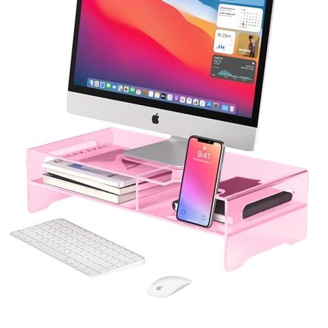 Joie Turquoise's Amazon Page Computer Monitor Decoration, Cute Ipad Stand, Desk Monitor Riser, Two Monitor Desk Setup, Pink Monitor, Pink Office Desk, Office Desk Decor For Work, Acrylic Monitor Stand, Monitor Desk Stand