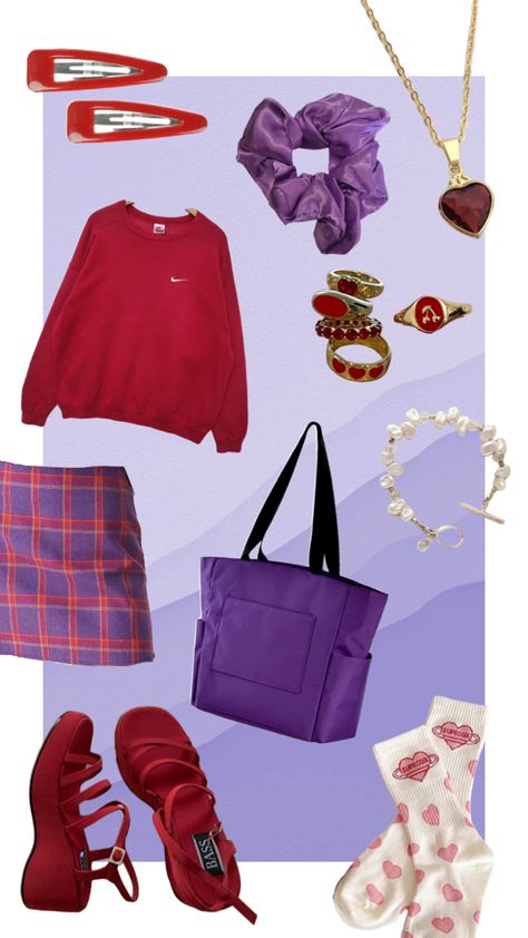 my friend wanted me to style her skirt. #red #purple #redoutfit #purpleoutfit #aesthetic #fashion #fashioninspo #outfit #outfits #outfitinspo #ootd #ootdinspo Red And Purple Aesthetic Outfit, Purple And Red Outfit, Red And Purple Outfit, V Day Ideas, Purple Outfit, Styles Clothes, Model Outfit, Purple Outfits, Red And Purple