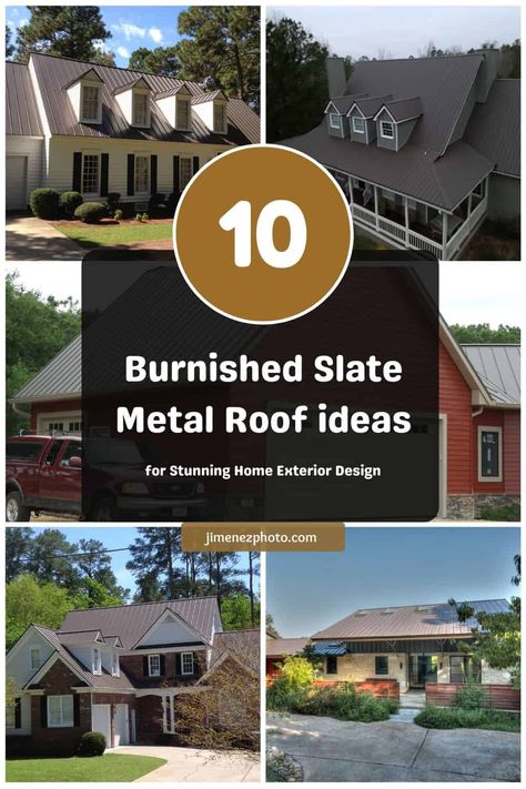 10 Burnished Slate Metal Roof ideas for Stunning Home Exterior Design – JimenezPhoto Painted Metal Roof Before And After, Brown Metal Roof Houses, Black Metal Roof Houses Color Combos, Brown Metal Roof Houses Color Schemes, Tin Roof Colors, Burnished Slate Metal Roof, Black Exterior House Colors, Craftsman Style Crown Molding, Slate Metal Roof