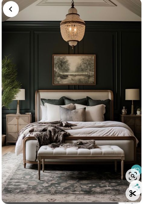 Bedroom Decor Neutral Modern, Taupe Wall Bedroom Ideas, Heritage Bedroom Design, Transitional Glam Bedroom, Bougie Bedroom, Master Bedrooms Decor Romantic, Moody Romantic Bedroom, Romantic Bedroom Ideas, Luxe Bedroom