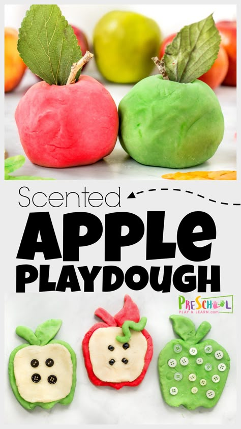 Young kids not only love playing with play dough, but it is great for strengthening hand muscles, sensory activity, and exploring creativity too. This apple playdough is a quick and easy-to-make autumn playdough to enjoy in September. Use this fall playdough recipe with toddler, preschool, pre-k, kindergarten, first grade, and 2nd graders too. Whether you use this apple playdoh as part of an apple theme or hands-on apple activities - this is sure to delight the senses! Apple Scented Playdough, Preschool Apple Worksheets, Apple Playdough, Scented Playdough Recipe, Slime Activities, Apple Crafts Preschool, Apple Science Experiments, Preschool Apple Activities, Apple Science