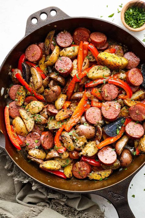 Sausage and Potato Skillet Italian Sausage With Peppers And Onions And Potatoes, Smoked Sausage Peppers Potatoes, Sausage Potato Vegetable Sheet Pan, Chicken Sausage And Potatoes Recipes, Sausage Skillet Meals, Chicken Sausage Potatoes, Sausage Potatoes And Peppers Skillet, Sausage And Pepper Recipes, Sausage Pan Sheet Dinner