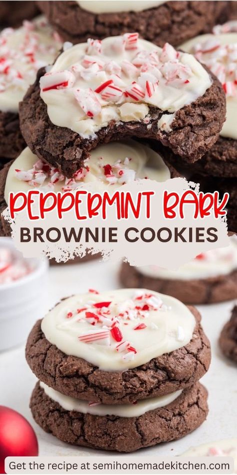 Turn a brownie mix into a holiday masterpiece with Peppermint Bark Brownie Cookies! This recipe is incredibly easy, combining the rich texture of brownies with the refreshing taste of peppermint. Finished with a layer of white chocolate and sprinkled with crushed candy canes, these cookies are a decadent addition to your Christmas cookie tray. Perfect for holiday parties and gifting! Food Bedroom, White Candies, Peppermint Brownie Cookies, Fudgy Cookies, Peppermint Brownie, Peppermint Bark Cookie, Christmas Yummies, Peppermint Brownies, Christmas Preparation