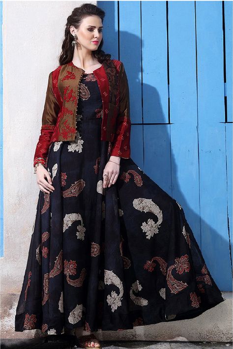 This Exclusive Gown Is An Ultimate Party Wear Collection With The Mesmerizing Colour Blue With The Embroidery. Be At Your Fashionable Best.Chanderi Cotton Silk Semi Stitched Gowns.It can be stiched Up... Jacket Frock Design, Koti Style Frock, Chudidhar Models, Exclusive Gowns, Style Kurti, Gaun Fashion, Long Kurti Designs, Pakistani Dresses Casual, Long Dress Design