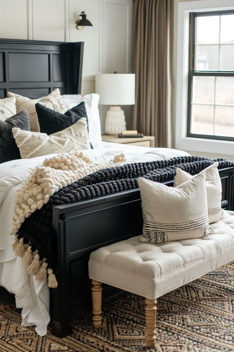 Bedding Ideas For Black Headboard, Big Headboard Bedroom Ideas, Mocha And White Bedroom, Black And White King Bedding, Black In Bedroom, Tan Black Bedroom Room Ideas, Black Gray And Tan Bedroom, Black Accent Furniture Bedroom, Black And White Room Inspiration