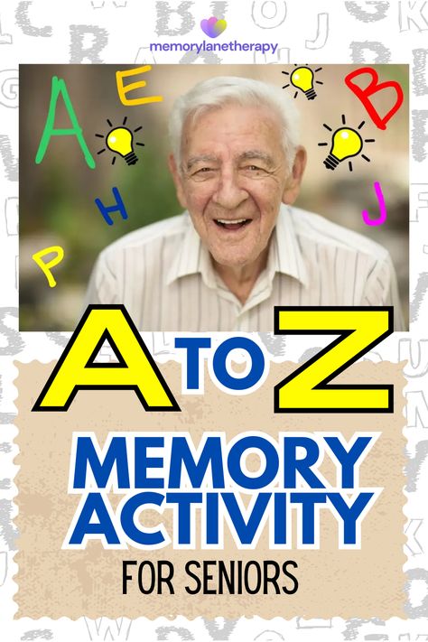 Boost memory and engage seniors with our A to Z Memory Activity! From A to Z, stimulate recall and creativity with this engaging exercise. Challenge participants to come up with words or memories that start with each letter of the alphabet. It's a fun and interactive way to exercise the mind and spark lively conversations. Join us for an alphabet adventure that will leave you with smiles and cherished memories! #senioractivities #memoryexercise #AtoZactivity Alphabet For Seniors, Senior Wellness Activities, Activities For Elderly In Nursing Home Free Printable, 1:1 Activities For Seniors, Activities For Elderly Assisted Living, December Activity Calendar, Word Games For Seniors, Older Adults Activities, Alphabet Games For Kindergarten