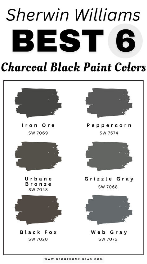 Explore the top 6 charcoal black paint colors by Sherwin-Williams, perfect for creating a dramatic yet elegant look in any room. These rich, moody tones work beautifully on walls, furniture, or accents. Which of these striking shades will inspire your next project? Peppercorn Vs Iron Ore Sherwin Williams, Charcoal Painted Walls, Peppercorn Paint Palette, Sw Iron Ore Bedroom, Iron Ore Sherwin Williams Bedroom, Sherwin Williams Dark Gray, Moody Paint Colors Sherwin Williams, Sherwin Williams Iron Ore Exterior, Charcoal Grey Walls