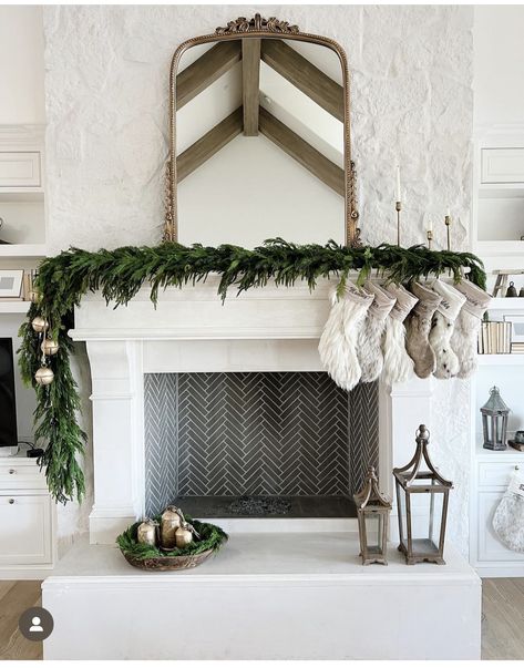 Fireplace With Hearth And Mantle, Giant Fireplace, Stockings On Mantle, Limestone Mantle, Fireplace Styling, Stocking Fireplace, Fireplace Stockings, Custom Home Build, Limestone Fireplace