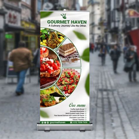 Gourmet Haven Restaurant Roll up banner and brochure design Restaurant Roll Up Banner Design, Roll Up Banner Design Inspiration, Restaurant Banner Design, Lamb Chops Pan Seared, Restaurant Banner, Standing Banner Design, Rollup Banner Design, Roll Up Banner Design, Lemon Dill Sauce