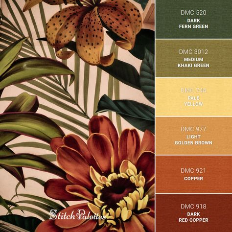 Floral Mural - Embroidery Color Palette (With Thread Codes) Rust Maroon Color Palette, Maroon Orange Color Palette, Rust Gold Color Palette, Maroon Gold Color Palette, Green Rust Gold Color Palette, Rust And Green Color Palette, Rust Color Combinations, Rust Red Color Palette, Maroon Color Combinations