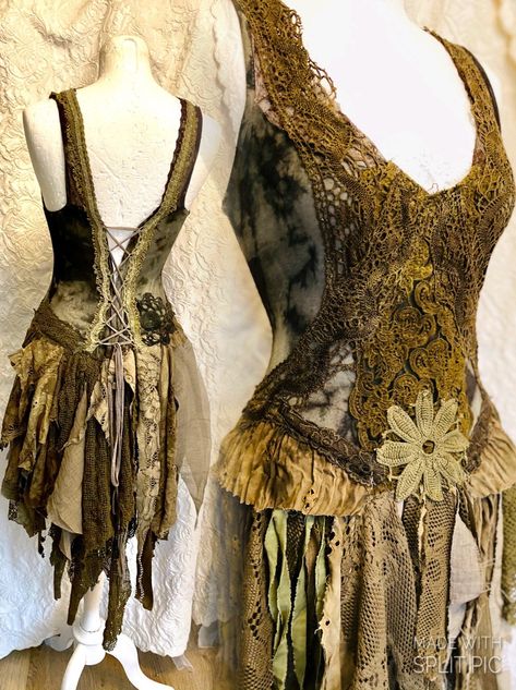 Green Shredded Dress, Wood Nymph Dress, Woodsy Dress, Burned Clothes, Jungle Clothes, Forest Dresses, Ragged Clothes, Witch Burning, Tattered Dress