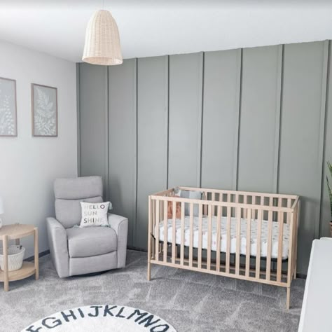 Guest Room Accent Wall Ideas, Simple Modern Nursery, Accent Wall Behind Crib, Calming Nursery Ideas, Evergreen Fog Nursery, Green Neutral Nursery, Accent Wall Nursery Boy, Nursery Accent Wall Boy, Board And Batten Wall Nursery