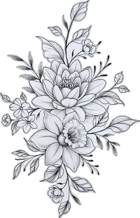 Floral bouquet of a water lily and daffodil in black and grey illustration. Floral Fine Line Tattoo, December Flower Tattoo, Fine Line Tattoo Design, Floral Fine Line, Line Tattoo Design, Daffodil Flower Tattoos, Women Tattoo Design, Lotus Flower Drawing, Cute Thigh Tattoos