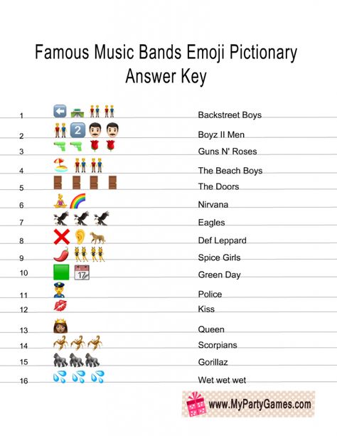 Free Printable Famous Music Bands Emoji Pictionary Quiz Music Quiz Ideas, Emoji Games For Adults, Emoji Song Quiz With Answers, Guess The Song Emoji With Answers, Emoji Riddles With Answers, Music Quiz Questions And Answers, Emoji Quiz And Answers, Emoji Games With Answers, Emoji Quiz With Answers