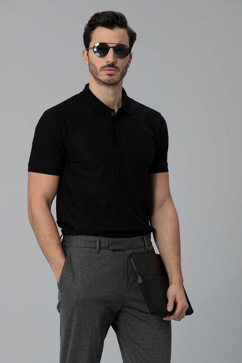 Black Shirt Outfit Ideas For Men, Formal Polo Outfit Men, Man Polo Outfit, Polo Business Casual Men, Polo T Shirts For Men Outfit Formal, Black Polo Outfit Men Formal, Mens Casual Formal Outfits, Black Polo Outfit Men Casual, Business Casual Outfits Men Work Attire