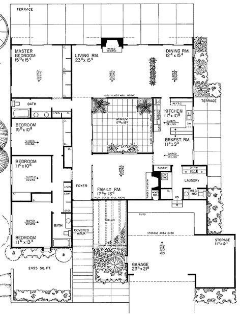 Japanese Courtyard House Plans, Eichler House, Central Atrium, Mid Century Modern House Plans, Atrium House, Atrium Design, Courtyard House Plans, Vintage House Plans, Sims Houses