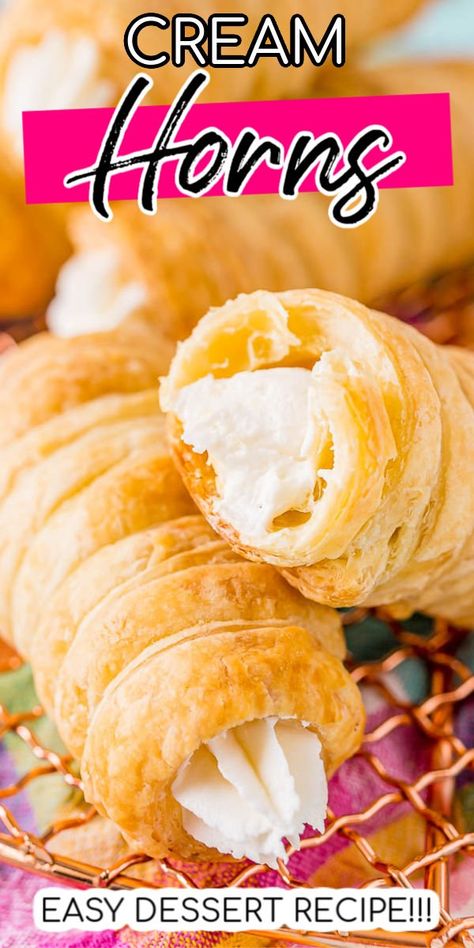 Creme Horns, Cream Horns Recipe, Pastry Recipes Dessert, Puff Pastry Recipes Dessert, Cream Horn, Phyllo Recipes, Lady Locks, Pepperidge Farm Puff Pastry, Cream Puff Recipe