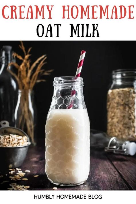 Jar of oat milk with a red and white straw on top Creamy Oat Milk, Homemade Oat Milk, Diy Coffee Creamer, Nut Milk Recipe, Cold Drinks Recipes, Homemade Nut Milk, Oat Milk Recipe, How To Make Oats, Cozy Drinks