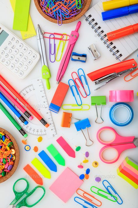 School supplies on white desk. Kids creativity flat lay by rawf8. School office supplies flat lay on white background, top view. Business stationery, student desk concept, vertical #Sponsored #flat, #creativity, #lay, #Kids Chrome Photography, Desk Kids, Desktop Planner, Colorful Stationery, Student Desk, Desk Stationery, Shop Photography, White Desk, School Collection