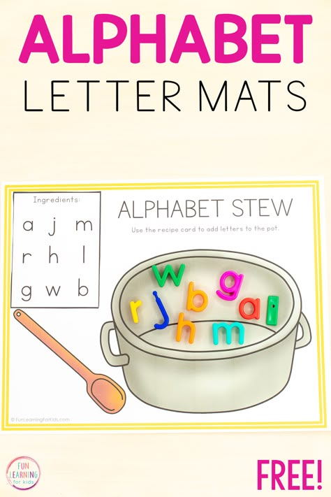 Alphabet Stew Letter Recognition Mats Letter Recognition Centers, Letter Recognition Activities Preschool, Preschool Alphabet Activities, Letter Centers, Activities List, Teach The Alphabet, Alphabet Centers, Letter Recognition Activities, Kindergarten Letters