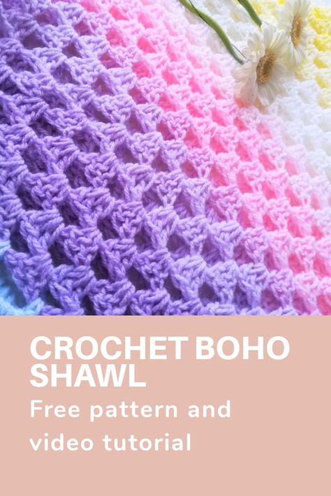 Crochet Boho Shawl Pattern Free, One Skein Crochet Shawl Pattern Free, Hippie Shawls, Crochet Shawlette Pattern Free Easy, Crochet Shawl For Beginners, How To Crochet A Shawl For Beginners, Ladies Crochet Shawl Patterns, Rainbow Shawl Crochet, Granny Stitch Shawl Free Pattern