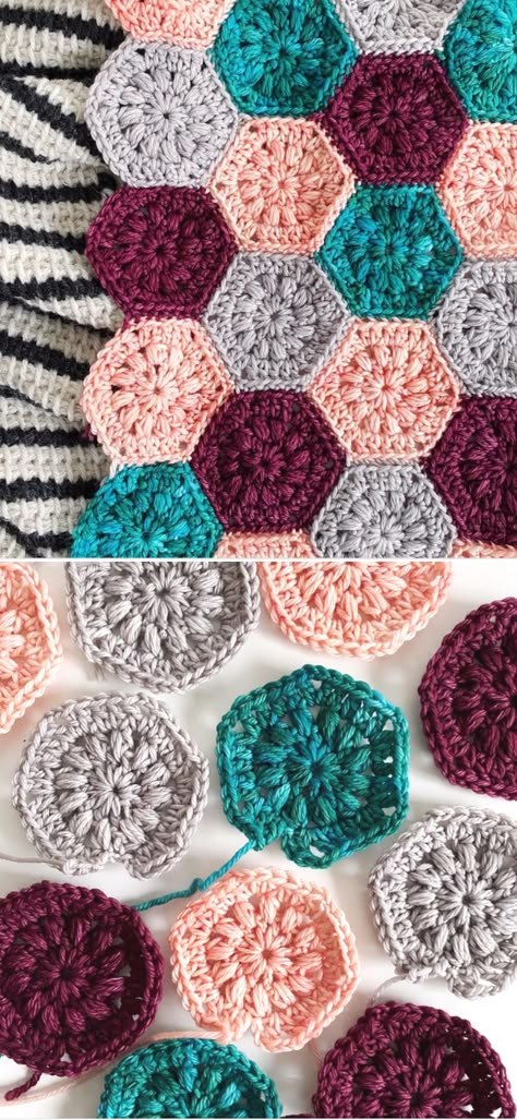 Amazing Hexagon Crochet Blankets – 1001 Patterns Honeycomb Hexies Crochet, Crocheted Hexagons Granny Squares, Honeybee Hexagon Crochet, Crochet Puff Stitch Hexagon Pattern, Hexi Crochet Pattern, Small Hexagon Crochet Pattern, Fine Cotton Yarn Crochet Patterns, Hexagon Crochet Squares, Granny Hexagon Crochet Blanket