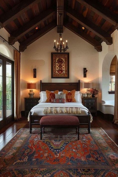 Mexican Interior Design Bedroom, Spanish Modern Bedroom, Moroccan Bedroom Decor, Mexican Style Bedroom, Mexican Bedroom Decor, Hacienda Style Bedroom, Hacienda Bedroom, Spanish Style Bedroom, Greek Bedroom