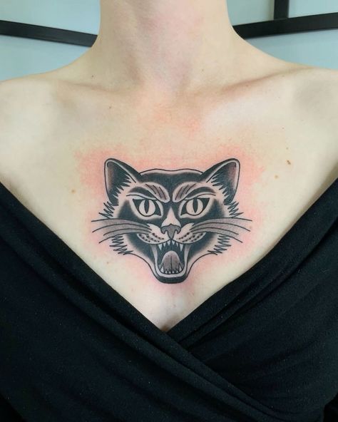 Cat Chest Tattoo Female, One Eye Cat Tattoo, Traditional Cat Face Tattoo, Cat Chest Tattoo, Creepy Cat Tattoo, Trad Cat Tattoo, Cat Tattoo Traditional, Cat Head Tattoo, Cat Face Tattoo