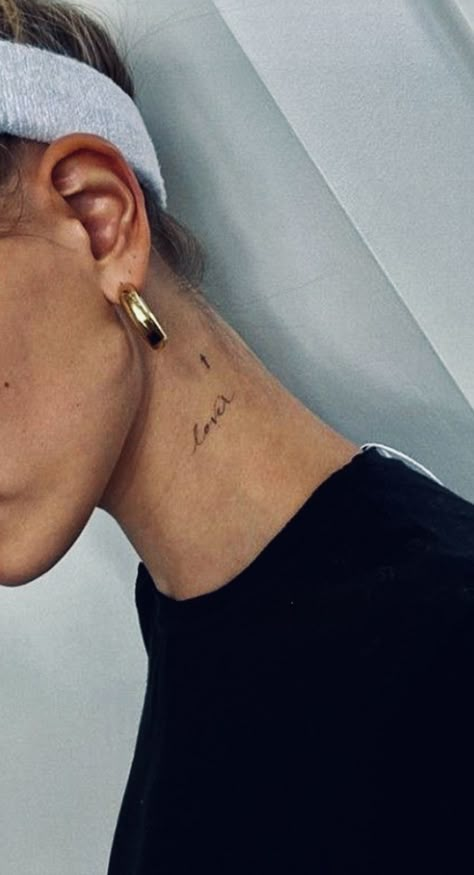 Love Neck Tattoo, Tiny Neck Tattoos For Women, Side Neck Tattoos Women Words, Dainty Neck Tattoos, Simple Neck Tattoos For Women, Side Neck Tattoo Writing, Cursive Neck Tattoo, Neck Tattoo Inspiration, Neck Script Tattoo