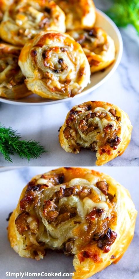 Mushroom Puff Pastry, Pastry Pinwheels, Puff Pastry Recipes Savory, Puff Pastry Pinwheels, Recipe Mushroom, Mushroom Appetizers, Savory Appetizers, Puff Pastry Appetizers, Pastry Appetizer