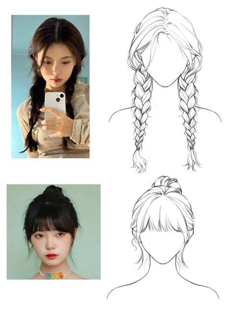 Anime Style Bangs, Curtain Bangs Reference Drawing, Braided Hair Sketch, How To Draw Hair Bangs, How To Draw Hair With Bangs, Hair With Bangs Drawing Reference, Bang Drawing Reference, Bangs Art Reference, Girl With Bangs Drawing