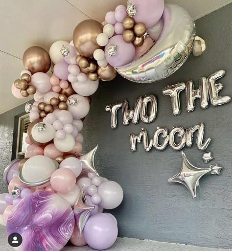 Moon Themed Birthday Party Decorations, Celestial 1st Birthday, Two The Moon Balloons, Two The Moon Balloon Garland, Love You 2 The Moon Birthday, October 2nd Birthday Girl, Two The Moon Food Ideas, Love You Two The Moon Party, Girls Second Birthday Theme