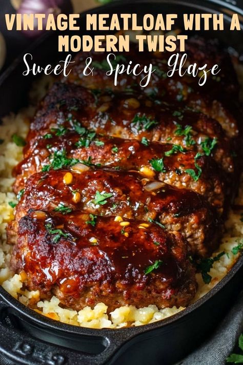 Try vintage meatloaf with a modern twist, topped with a sweet & spicy glaze for a flavorful update on a classic. #MeatloafRecipe #ModernTwist Bourbon Glazed Meatloaf, Maple Glazed Meatloaf, Meatloaf Topping Recipes, Spicy Meatloaf Recipes Best, Glazed Meatloaf Recipes, Diner Meatloaf Recipes, Pork And Beef Meatloaf Recipes, Classic Meatloaf Recipes Best, Meatloaf Recipes With Glaze