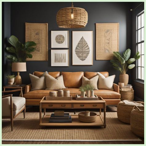 Brown And Charcoal Living Room, Vintage Contemporary Living Room, Contemporary Boho Living Room Decor, Rustic Boho Living Room Decor, Mcm Boho Living Room, Modern Eclectic Living Room, Masculine Living Rooms, Organic Living Room, Eclectic Interior Design