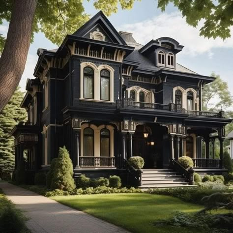 Black Victorian House, Gothic Victorian House, Victorian Homes Exterior, Contemporary Victorian, Old Victorian Homes, Victorian Style Homes, Victorian Age, Gorgeous Houses, Willow Creek