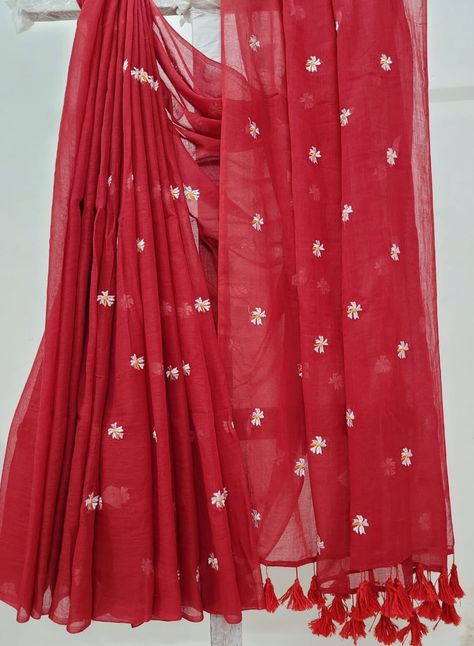 Style with comfort in our red shiuli mul cotton saree Red Cotton Saree, Mul Mul Cotton Saree, Red And White Saree, Mul Cotton Saree, Lehenga Choli Latest, Soft Saree, White Saree, Contrast Blouse, Cotton Sarees