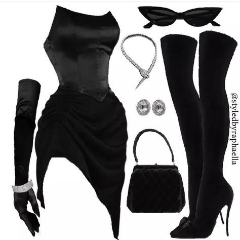 Dress With Hand Gloves, Mafia Woman Outfits, Women Mafia Outfit, Mafia Lady Outfit, Maneater Outfit, Mafia Outfit Ideas, Mafia Au Aesthetic, Mafia Dress, Neat Casual Outfits