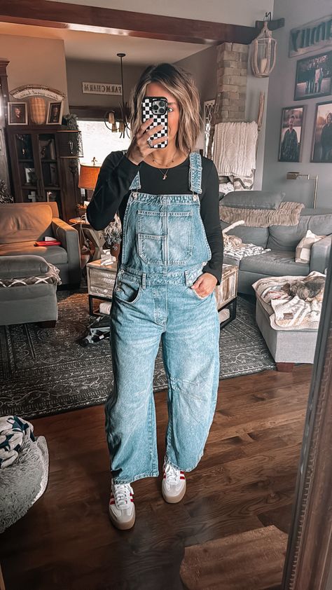 The perfect overalls! Great fit and so comfy! Added my fav sneaks! #fashion #outfits #over40style Overalls Outfit Jeans, Fall Overall Outfits Casual, How To Style Jean Overalls, Winter Denim Overalls Outfit, Overalls For Winter, Women’s Overall Outfits, Women’s Overalls Outfit, Black Overalls Outfit Fall, Jean Overall Outfits Fall