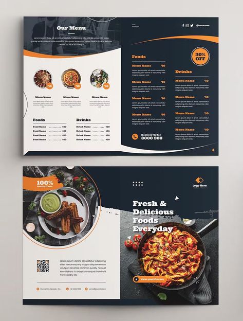 Restaurant Menu Bifold Brochure Template PSD, AI, EPS Restaurant Brochure Design Layout, Bifold Menu Design, Menu Book Ideas, Food Menu Card Design, Restaurant Menu Book, Brochure Restaurant, Food Brochure, Restaurant Menu Card, Restaurant Brochures