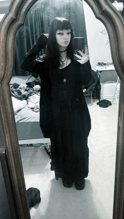 Gothic Cardigan Outfit, Gothic Outfit Ideas Plus Size, Cardigan Goth Outfit, Goth Outfits Comfy, Casual Goth Outfits Midsize, Goth Hoco Outfit, Long Skirt Outfits Alternative, Doc Martens Outfit Goth, Black Skirt Goth Outfit