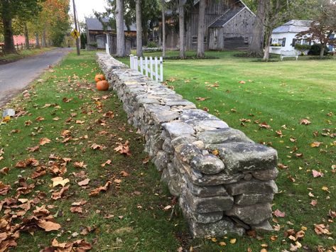 Stone Wall Outside, Stone Wall Diy Outdoor, Stone Wall Driveway Entry, Dry Laid Stone Wall, Stone Wall Cottage, Stacked Stone Wall Outdoor, Stone Wall In Front Of House, Stone Perimeter Wall, English Stone Wall