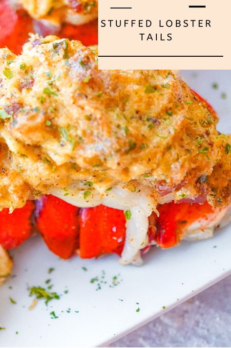 Crab Stuff Lobster Tail, Stuff Lobster Tail Recipes, Stuff Lobster Tail With Crab Meat, Stuffed Lobster Tail Recipe Baked, Baked Stuffed Lobster Tails, Crab Stuffed Lobster Tail, What To Serve With Lobster Tails, Stuffed Lobster Tail Recipe, Crab Stuffed Lobster Tail Recipe