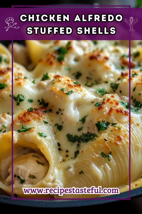 Delight in the creamy, cheesy goodness of Chicken Alfredo Stuffed Shells, featuring tender jumbo pasta filled with a savory chicken and cheese mixture, all smothered in a rich homemade Alfredo sauce. Perfect for family dinners or special occasions! Chicken Alfredo Dinner, Jumbo Shells Stuffed, Jumbo Shell Recipes, Coke Chicken, Alfredo Stuffed Shells, Chicken Alfredo Stuffed Shells, Chicken Stuffed Shells, Shell Pasta Recipes, Comfort Food Chicken