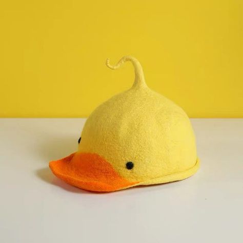 Wet Felted Hat Fall Winter Wool Felt Hat Handmade Duck | Etsy Felt Duck, Duck Costumes, Cute Cap, Cute Caps, Cute Duck, Animal Hats, Peaked Cap, Yellow Duck