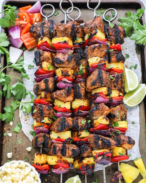 Jerk Chicken Kabobs On The Grill, Jerk Chicken Kabobs, Kalefornia Kravings, Easy Kabobs, Grilled Jerk Chicken, Bbq Kabobs, Pork Kabobs, Healthy Bbq, Pork Skewers